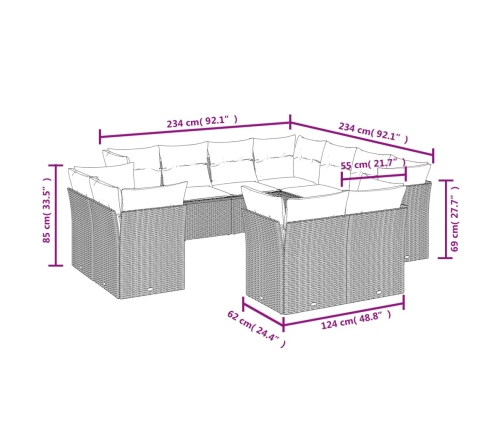 Set de sofás de jardín 11pzas con cojines ratán sintético beige