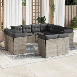 Set de sofás de jardín 11 pzas y cojines ratán sintético gris