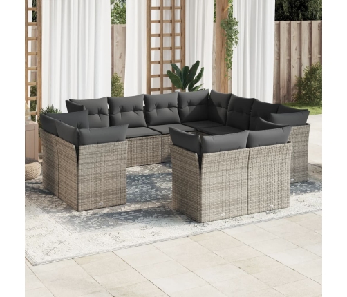 Set de sofás de jardín 11 pzas y cojines ratán sintético gris