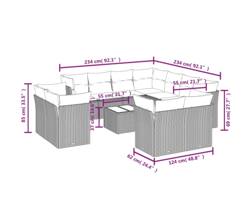 Set de sofás de jardín 12 pzas con cojines ratán sintético gris