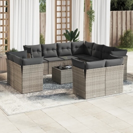 Set de sofás de jardín 12 pzas con cojines ratán sintético gris