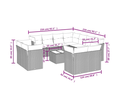 Set de sofás de jardín 12 pzas y cojines ratán sintético gris