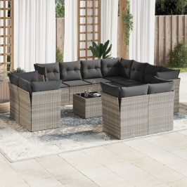 Set de sofás de jardín 12 pzas y cojines ratán sintético gris