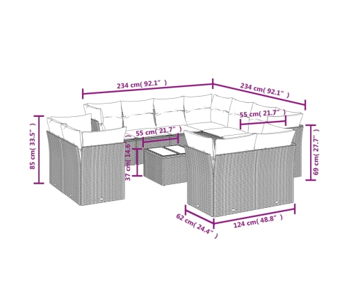 Set de sofás de jardín y cojines 12 pzas ratán sintético marrón
