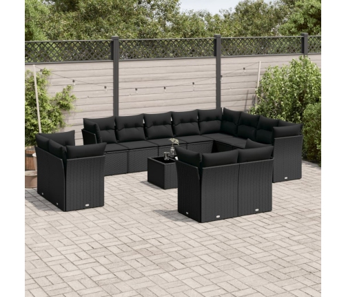 Set de sofás de jardín y cojines 13 pzas ratán sintético negro