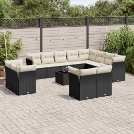 Set de sofás de jardín y cojines 13 pzas ratán sintético negro