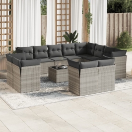 Set sofás de jardín con cojines 13 piezas ratán sintético gris