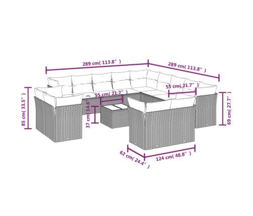 Set sofás de jardín 14 pzas con cojines ratán sintético beige