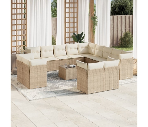 Set sofás de jardín 14 pzas con cojines ratán sintético beige