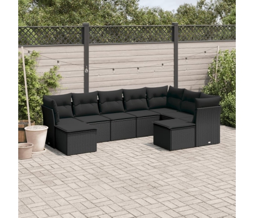 Set de sofás de jardín 8 piezas y cojines ratán sintético negro