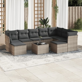 Set de sofás de jardín 10 pzas con cojines ratán sintético gris