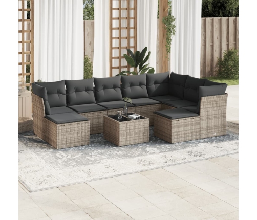 Set de sofás de jardín 10 pzas con cojines ratán sintético gris