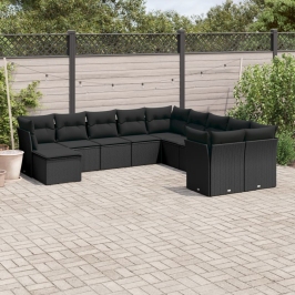 Set de sofás de jardín 11 pzas y cojines ratán sintético negro