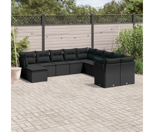 Set de sofás de jardín 11 pzas y cojines ratán sintético negro