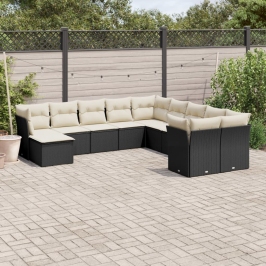 Set de sofás de jardín 11 pzas y cojines ratán sintético negro
