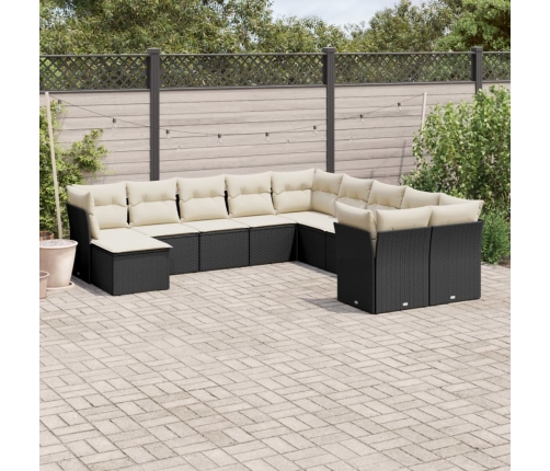 Set de sofás de jardín 11 pzas y cojines ratán sintético negro