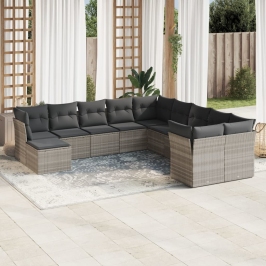 Set de sofás de jardín 11 pzas y cojines ratán sintético gris