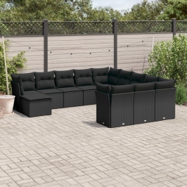 Set de sofás de jardín 12 piezas cojines ratán sintético negro