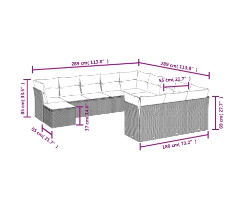 Set de sofás de jardín 12 pzas y cojines ratán sintético gris