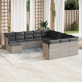 Set de sofás de jardín 12 pzas y cojines ratán sintético gris