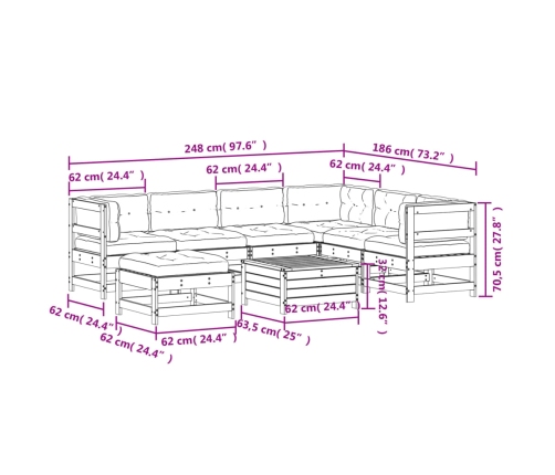 Muebles de jardín 8 pzas y cojines madera maciza pino