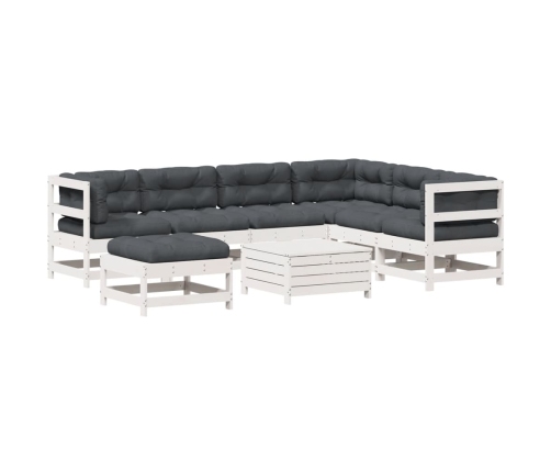 Set muebles jardín con cojines 8 pzas madera maciza pino blanco
