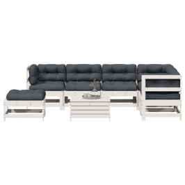 Set muebles jardín con cojines 8 pzas madera maciza pino blanco
