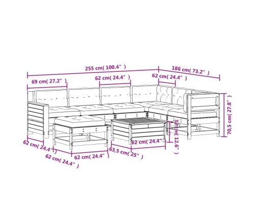 Set muebles jardín con cojines 8 pzas madera maciza pino blanco