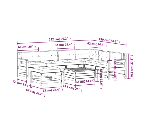 Muebles de jardín 8 pzas y cojines madera maciza pino