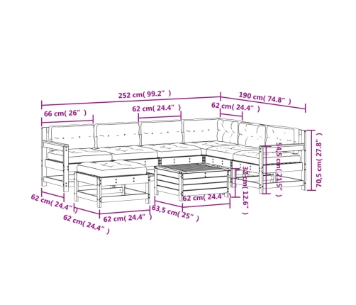 Set muebles jardín con cojines 8 pzas madera maciza pino blanco