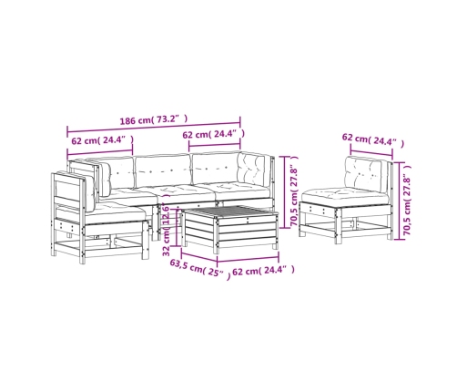 Set muebles jardín 6 pzas con cojines madera maciza pino blanco