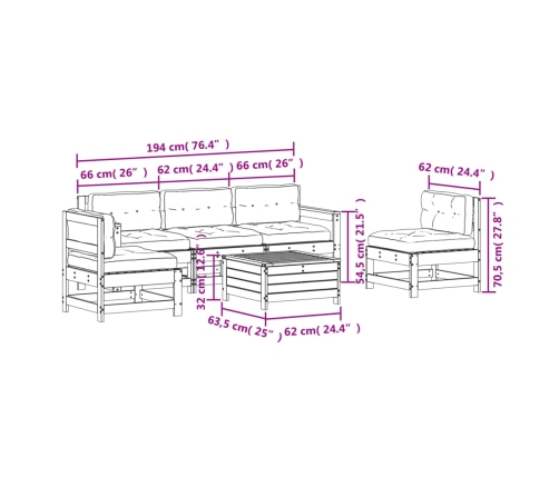 Juego de muebles jardín 6 pzas y cojines madera pino impregnada