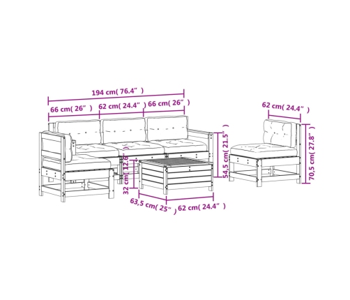 Juego de muebles de jardín 6 pzas y cojines madera maciza pino