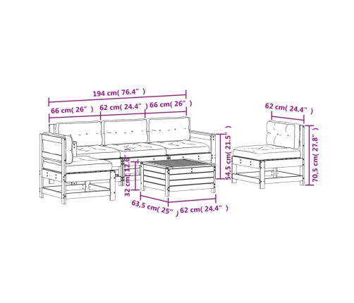 Juego de muebles jardín 6 pzas y cojines madera pino impregnada