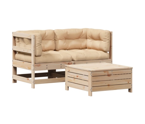 Juego de muebles de jardín 3 pzas y cojines madera maciza pino
