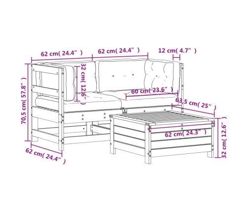Juego de muebles de jardín 3 pzas y cojines madera maciza pino