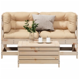 Juego de muebles de jardín 3 pzas y cojines madera maciza pino