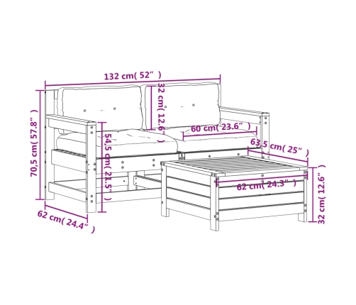 Set de muebles de jardín 3 pzas con cojines madera pino blanco