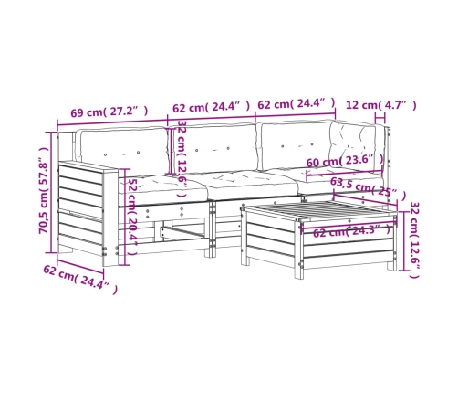 Set muebles jardín 4 pzas con cojines madera maciza pino blanco
