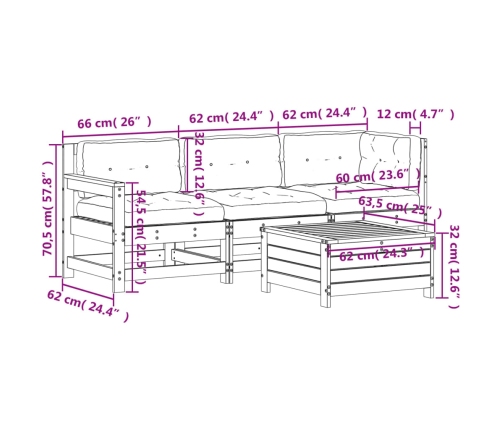 Set muebles jardín 4 pzas con cojines madera maciza pino blanco