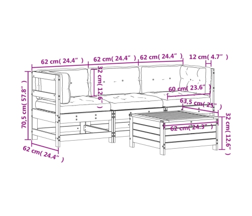 Set muebles jardín 4 pzas con cojines madera maciza pino blanco