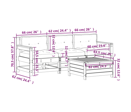 Juego de muebles de jardín 4 pzas y cojines madera maciza pino