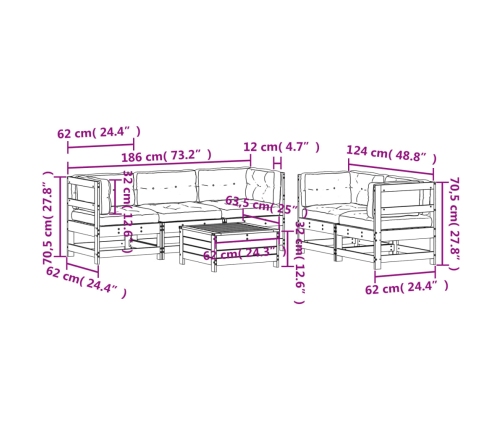 Juego de muebles de jardín 6 pzas y cojines madera maciza pino