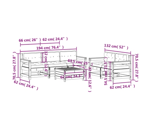 Set muebles jardín 6 pzas con cojines madera maciza pino blanco