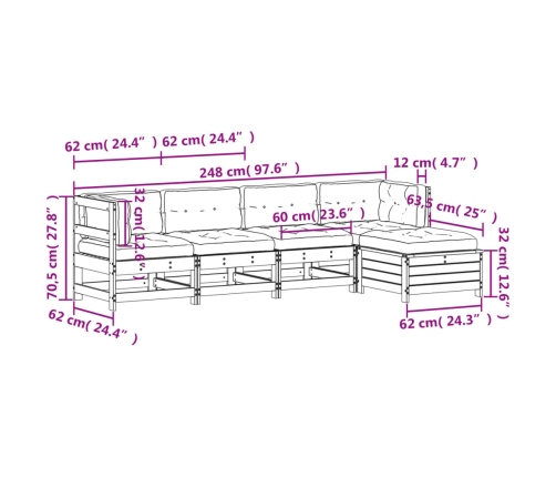 Juego de muebles de jardín 5 pzas y cojines madera maciza pino