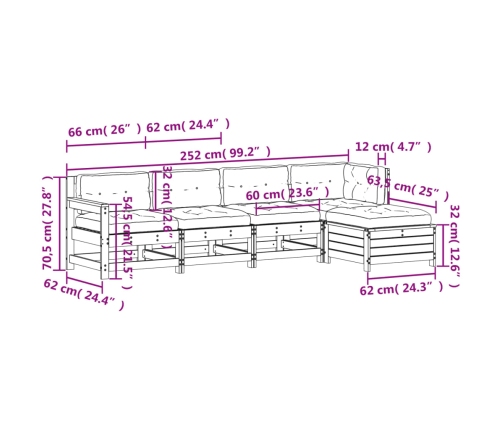 Set muebles jardín 5 pzas con cojines madera maciza pino blanco
