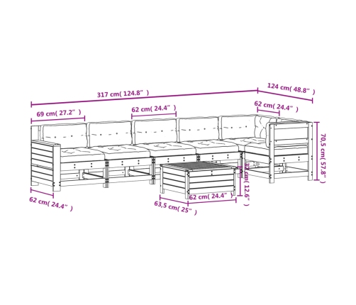 Set muebles jardín 7 pzas con cojines madera maciza pino blanco