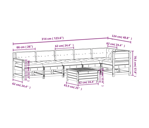Juego de muebles de jardín 7 pzas y cojines madera maciza pino