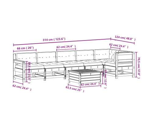 Set muebles jardín 7 pzas con cojines madera maciza pino blanco