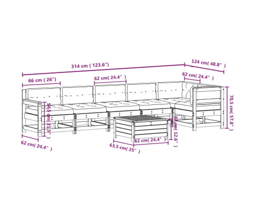 Juego de muebles jardín 7 pzas y cojines madera pino impregnada